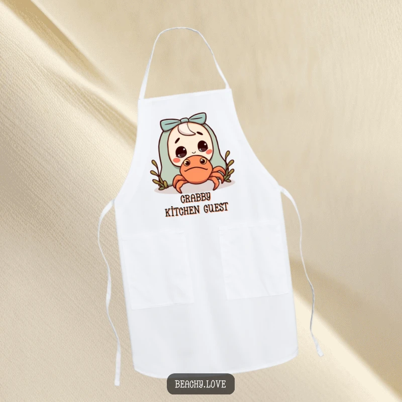 Funny apron showing a character surprised by a small, friendly hermit crab, adding humor to cooking tasks.