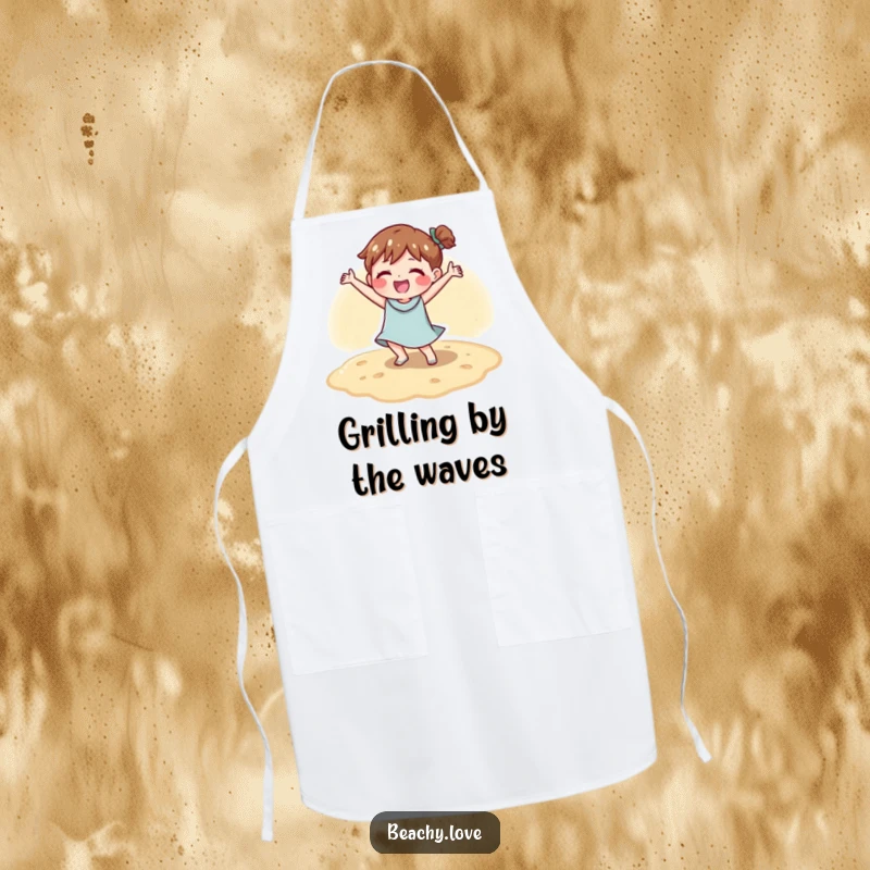 Funny apron showing a character doing a happy dance on warm beach sand, ideal for kitchen fun and cheer.