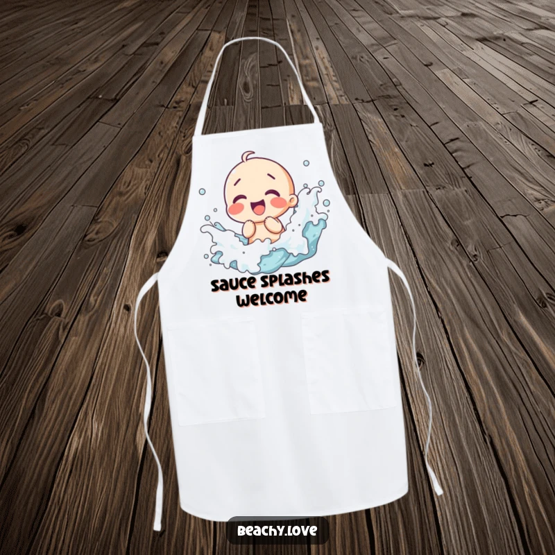 Funny apron featuring a kawaii character giggling with waves splashing, ideal for kitchen fun and protecting clothes during cooking.