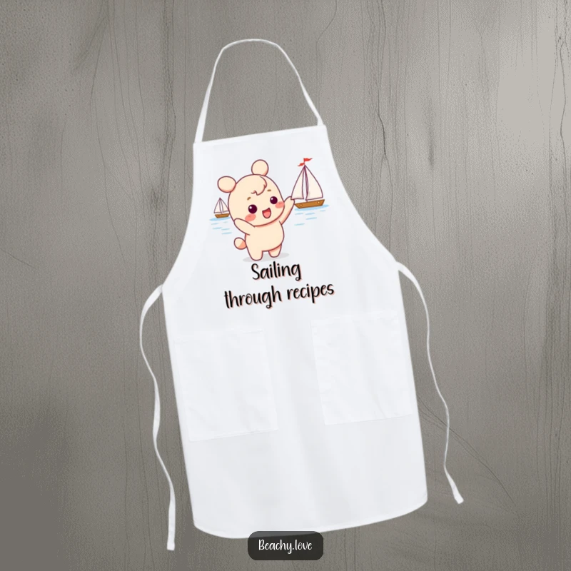 Funny kawaii character excitedly pointing at a sailboat, printed on a practical apron for kitchen use and humorous appeal.