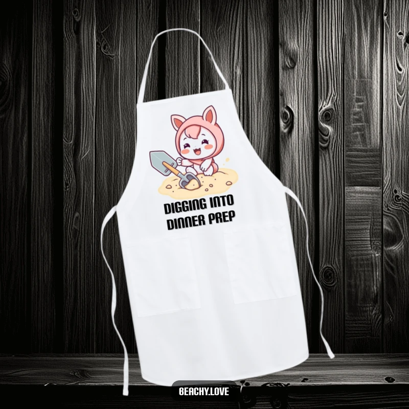 Funny apron with a kawaii character joyfully digging in sand with a shovel, ideal for playful cooks.