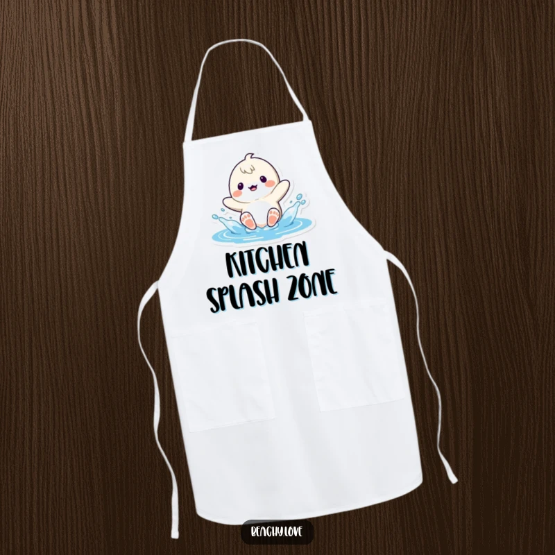 Funny kawaii character playfully splashing water with their feet, printed on a fun apron for kitchen use and humorous appeal.