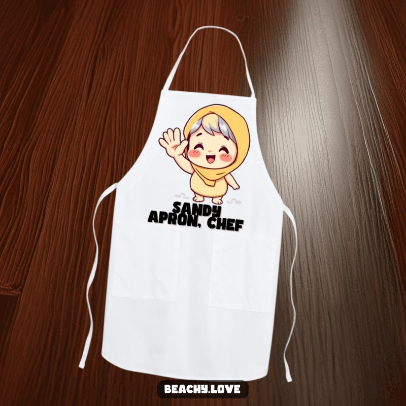 Funny apron showing a character giving a big, playful wave with a sandy hand, adding humor to kitchen tasks.