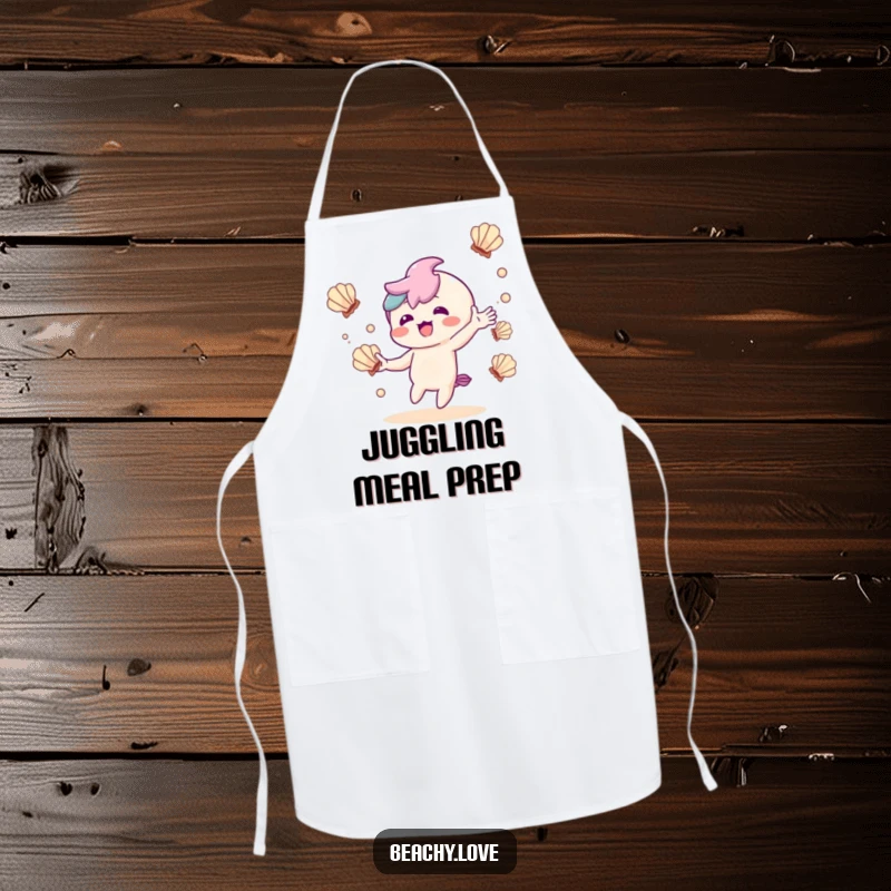Funny apron with a delighted kawaii character juggling seashells, ideal for playfully talented cooks.
