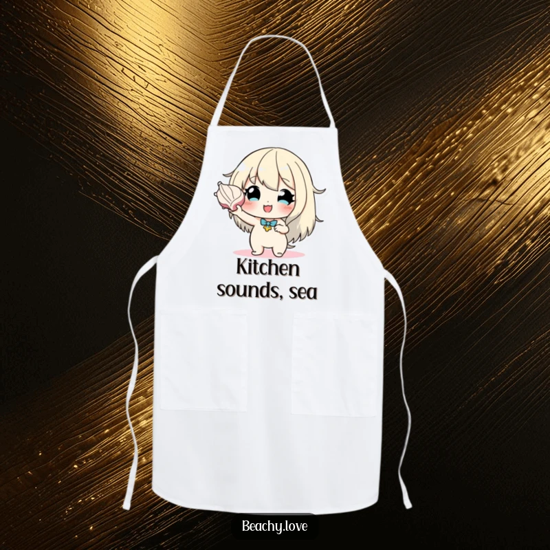 Funny apron with a hopeful character holding a seashell to their ear, ideal for kitchen protection and adding a touch of oceanic wonder.