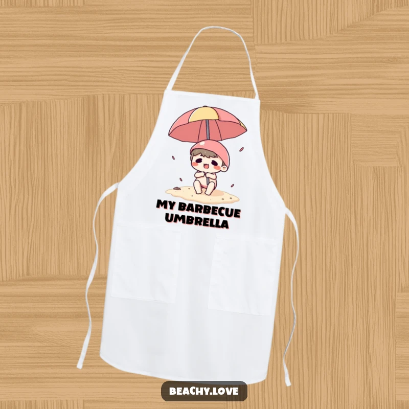 Funny apron showing a kawaii character struggling with a beach umbrella, perhaps while grilling or cooking outdoors, humorous kitchen accessory.