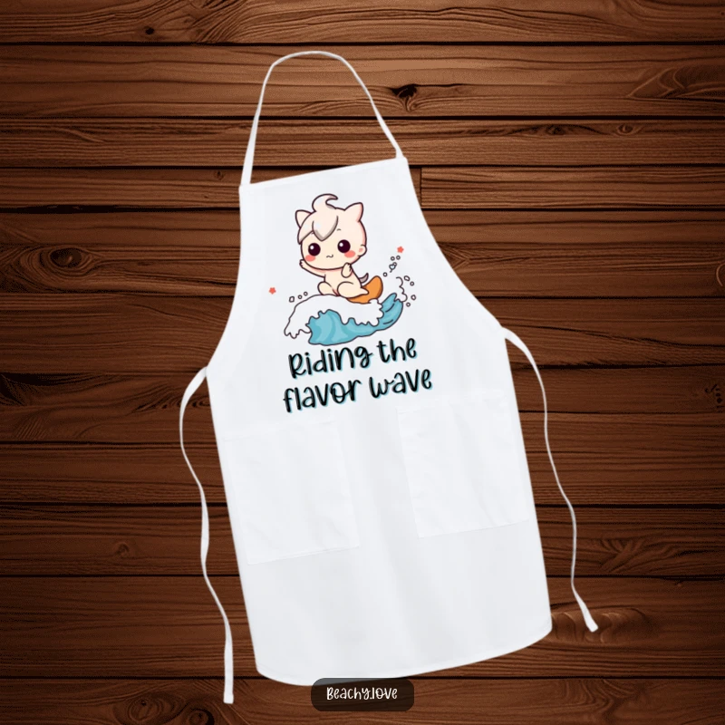 Funny apron with a happy kawaii character riding a friendly wave, ideal for playful cooks.