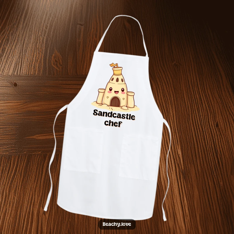 Funny apron with a happy sandcastle wearing a tiny bucket and spade on its head, perfect for humorous kitchen tasks.