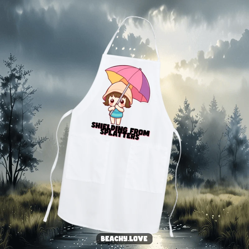 Funny kawaii character holding a colorful beach umbrella, printed on a practical apron for kitchen use and humorous appeal.