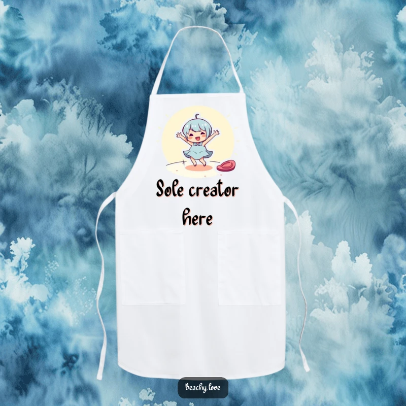Funny apron showing a cheerful character dancing around a flip-flop. Humorous kitchenwear for cooking enthusiasts.