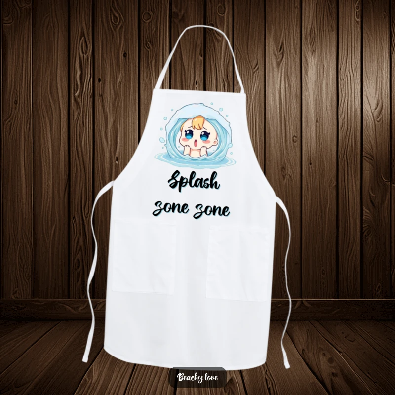 Funny apron showing a surprised character playfully splashed by a water wave. Humorous kitchenwear for cooking fun.