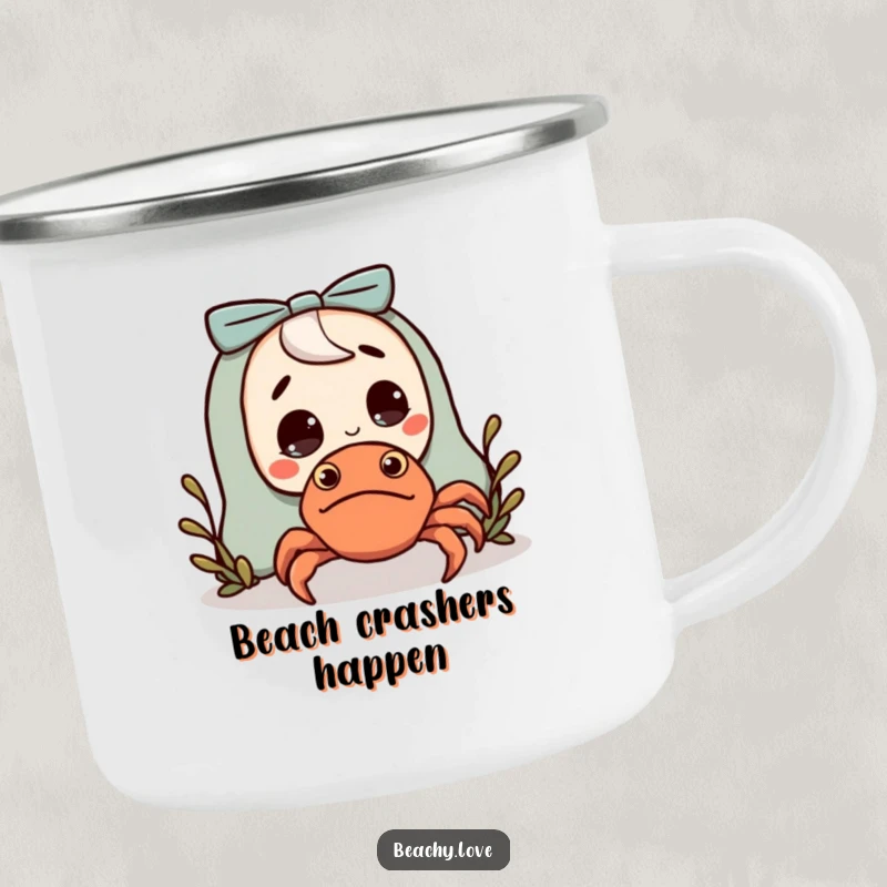 Funny camping mug featuring a character surprised by a small, friendly hermit crab, perfect for outdoor humor.