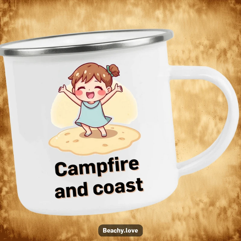 Funny camping mug with a character doing a happy dance on warm sand, ideal for outdoor fun and cheer.