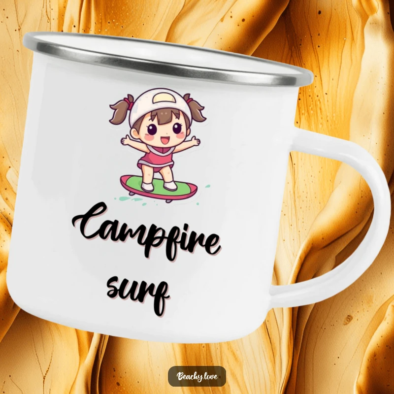 Funny camping mug showing a delighted figure surfing a small, colorful board, perfect for outdoor enthusiasts.