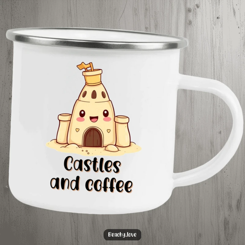 Funny camping mug featuring a happy sandcastle with a tiny bucket and spade on its head, built for outdoor fun.