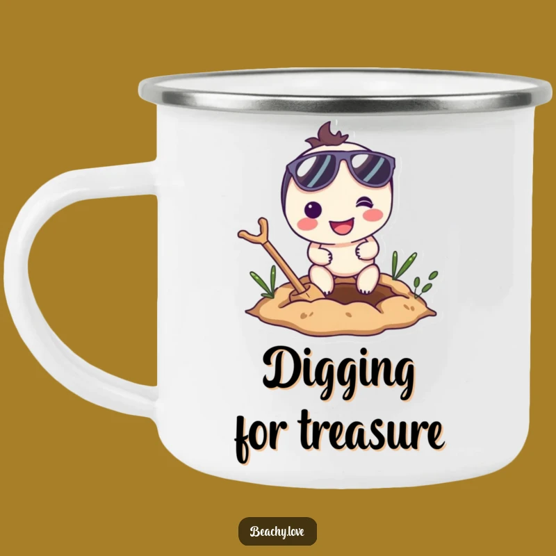 Funny Digging Character Camping Mug - Smiling Sunglasses Enthusiast Enamel Cup