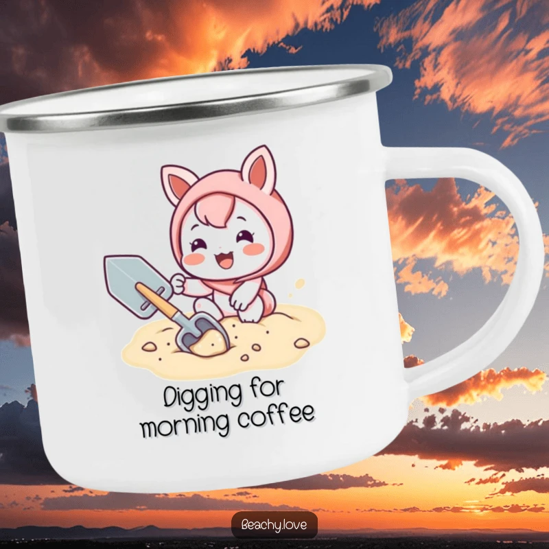 Funny camping mug with a kawaii character joyfully digging in sand with a shovel, perfect for adventurers.