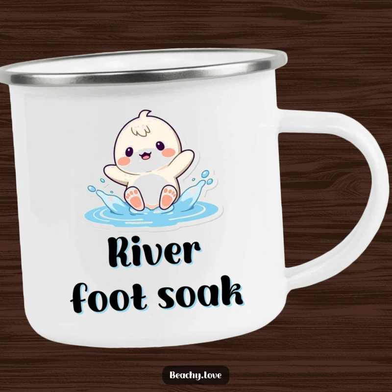 Funny kawaii character playfully splashing water with their feet, featured on a durable camping mug for outdoor enthusiasts seeking humorous gear.
