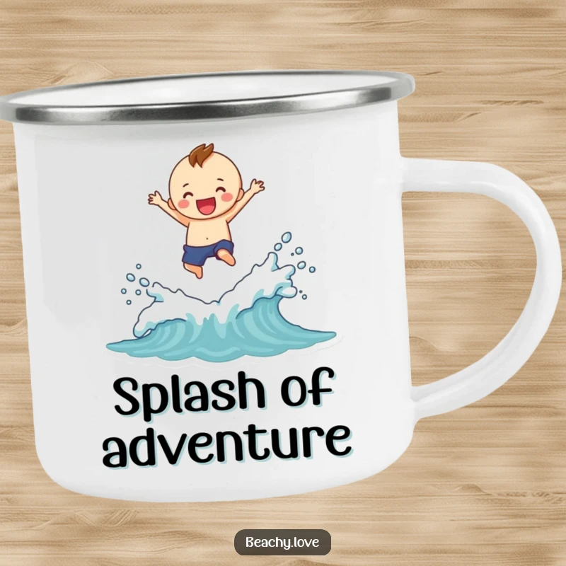 Funny camping mug depicting a cheerful figure jumping over waves with a large splash design, ideal for outdoor enthusiasts.