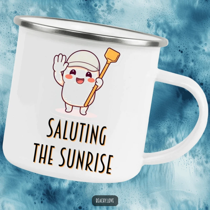 Funny camping mug with a beaming character saluting with a tiny toy shovel, ready for outdoor tasks.