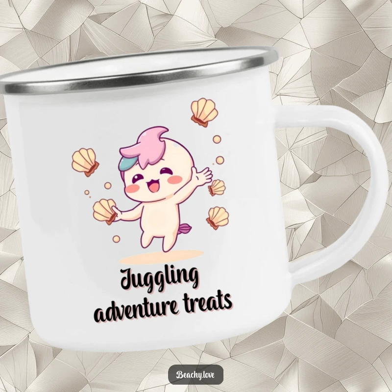 Funny camping mug with a delighted kawaii character juggling seashells, perfect for adventurers with flair.
