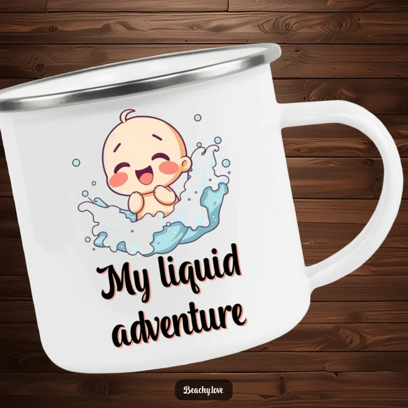 Funny camping mug with a kawaii character giggling with waves splashing, durable design for outdoor fun and beverages.