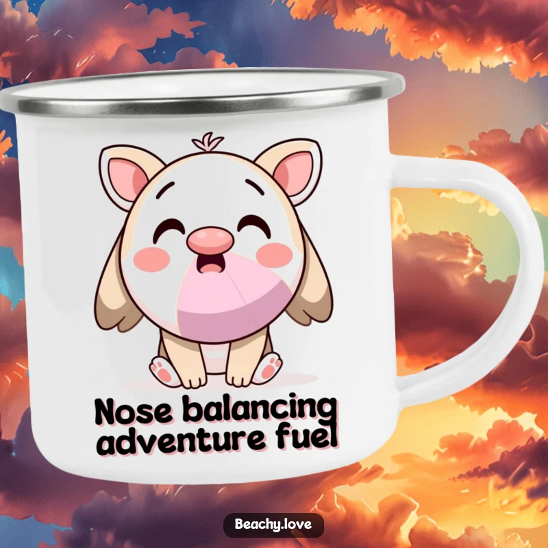 Funny camping mug with a surprised kawaii character balancing a beach ball on its nose, ideal for adventurers.