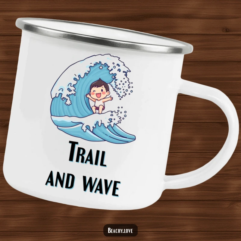 Funny enamel camping mug with a small, smiling character joyfully riding a breaking wave, durable and cheerful for outdoor use.