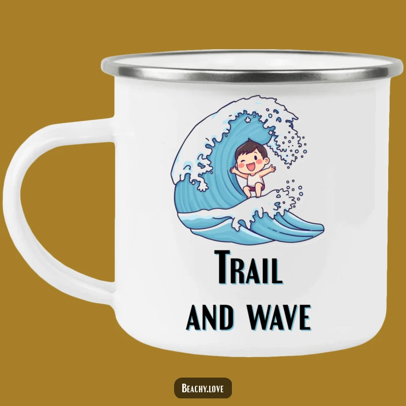 Funny Joyful Wave Rider Camping Mug - Smiling Character Surfing Enamel Cup