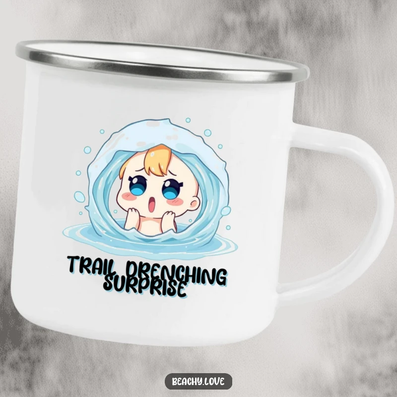 Funny camping mug featuring a surprised cartoon character playfully splashed by a water wave. Durable and humorous outdoor cup.