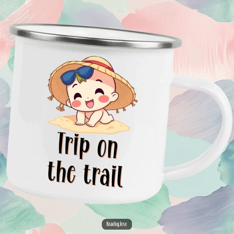 Funny enamel camping mug with a happy character in a sun hat comically tripping on the beach sand, durable and humorous.