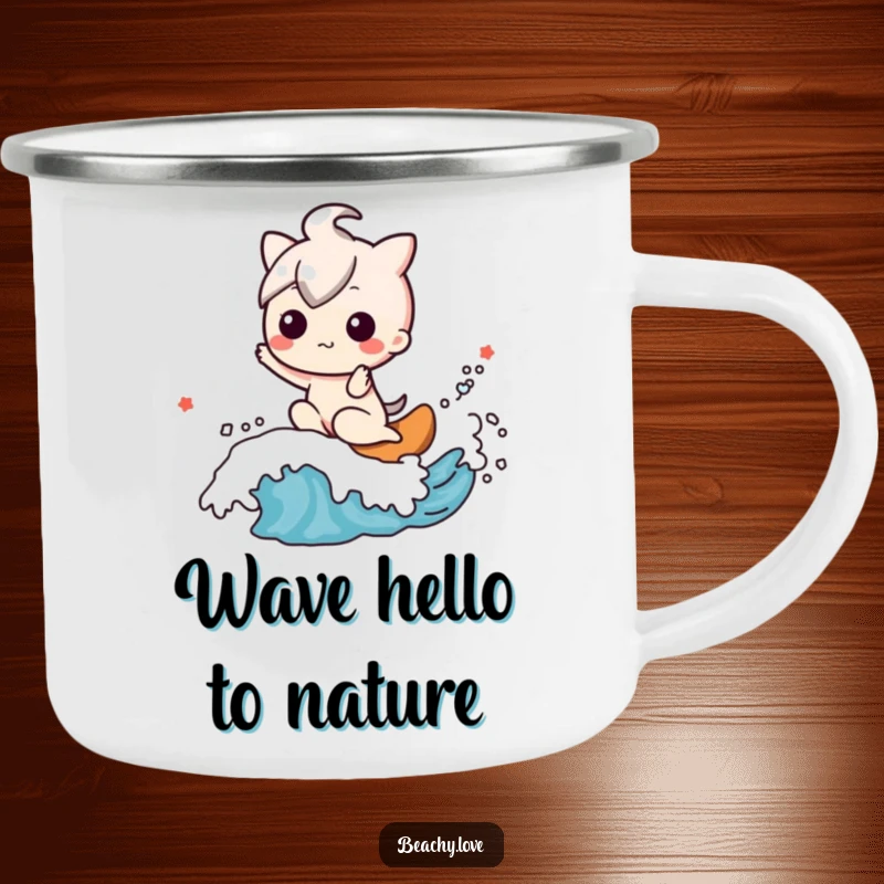 Funny camping mug with a happy kawaii character riding a friendly wave, perfect for adventurers.