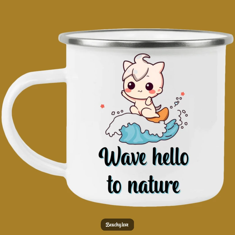 Funny Kawaii Surfer Camping Mug: Happy Wave Rider Character for Outdoor Fun Gift