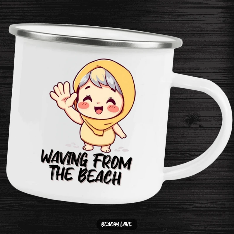 Funny camping mug featuring a character giving a large, playful wave with a sandy hand, perfect for humorous outdoor enjoyment.