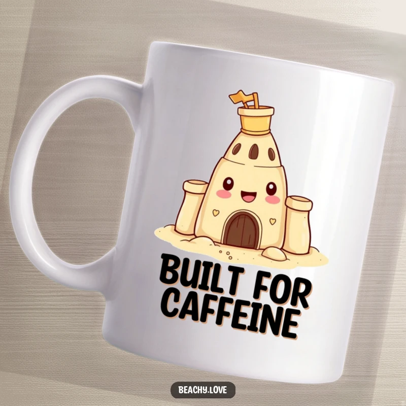 Funny mug featuring a happy sandcastle with a tiny bucket and spade perched humorously on its head.