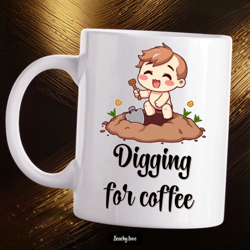 Funny digging excitement mug showing a beaming character enthusiastically digging with a miniature shovel, embodying joy and activity.