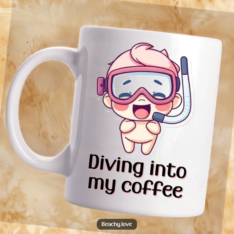 Funny mug with a giggling character wearing oversized goggles and a snorkel, peering excitedly into the depths.
