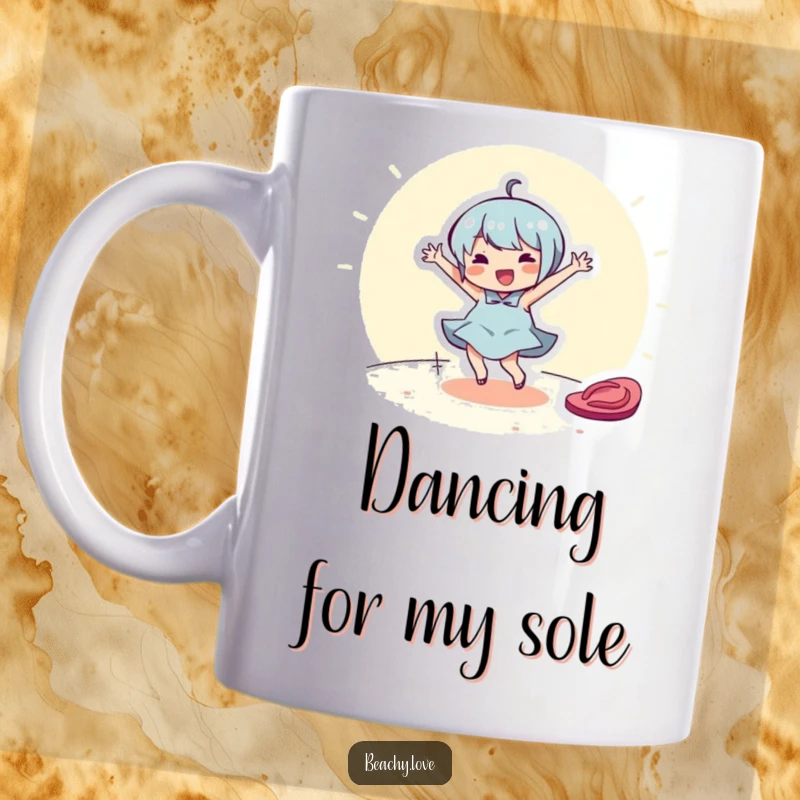 Funny mug with a cheerful character dancing joyfully around a single discarded flip-flop. Beachy, happy vibe.