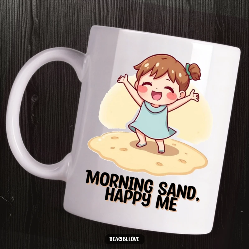Funny mug showing a character doing a joyful, energetic dance on warm, golden sand, capturing pure happiness.