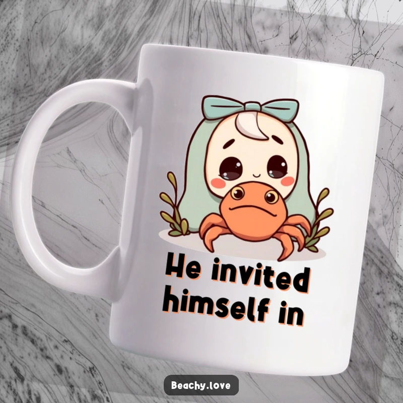 Funny mug showing a character with wide eyes, astonished by a cute, tiny hermit crab in its shell.