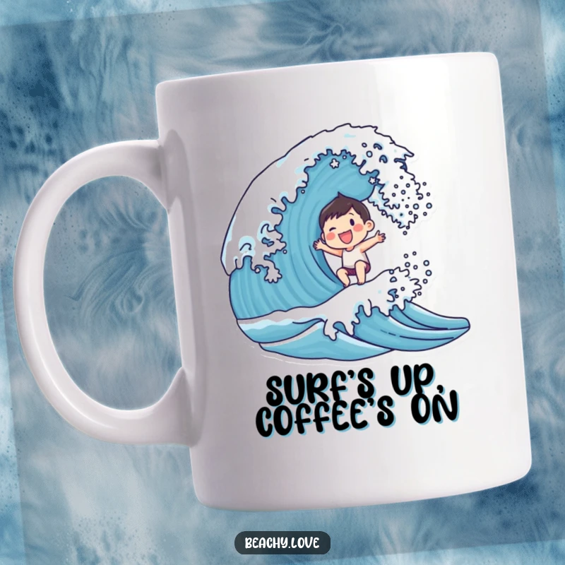 Funny mug showing a small character with a huge smile joyfully riding a large, breaking ocean wave, embodying pure surfing bliss.