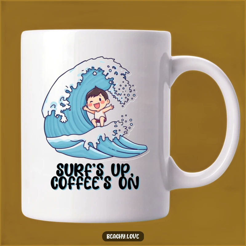 Funny Joyful Wave Rider Mug - Smiling Character Surfing Gift