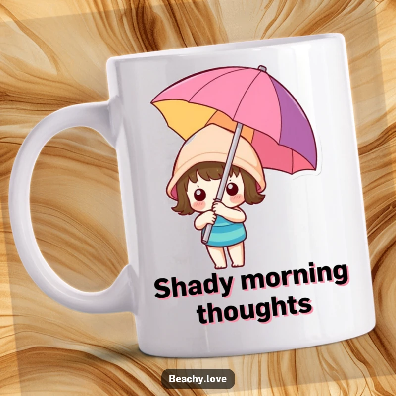 Funny kawaii character holding a bright, colorful beach umbrella, offering sun protection and charming humor on a mug.