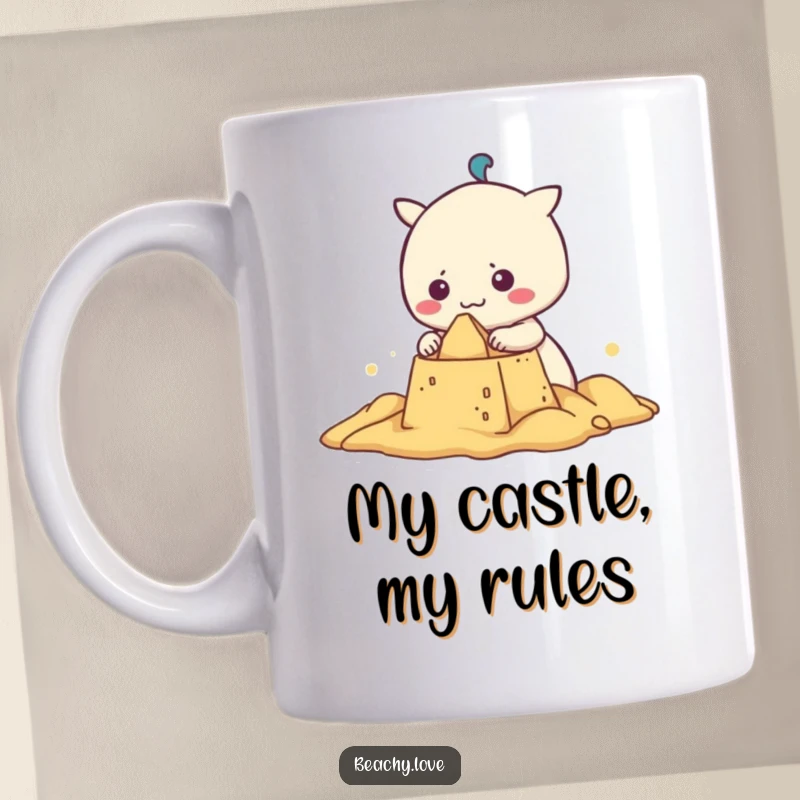Funny kawaii character with a determined grin, meticulously building a sandcastle on a sunny beach, perfect for mug lovers.