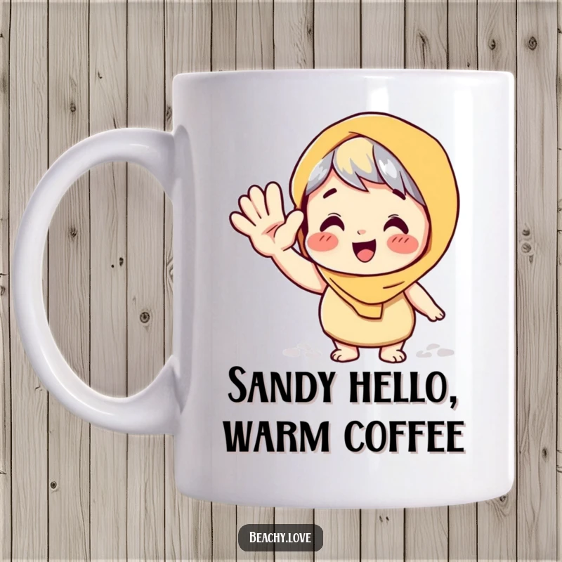 Funny mug showing a character giving a large, playful wave with a hand covered in playful sand.