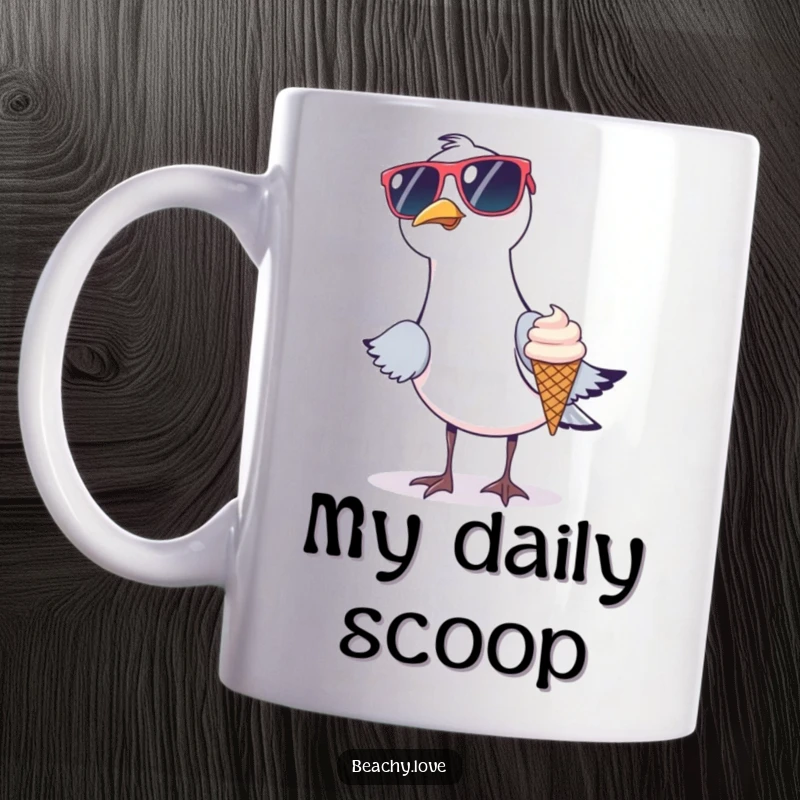 Funny seagull mug showing a seagull in oversized sunglasses stealing a tiny ice cream cone. Humorous beach scene for lovers of fun. Great gift.