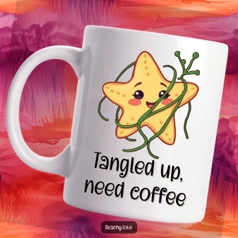 Funny mug with a smiling starfish comically tangled in green seaweed, depicting a humorous beachy mishap.