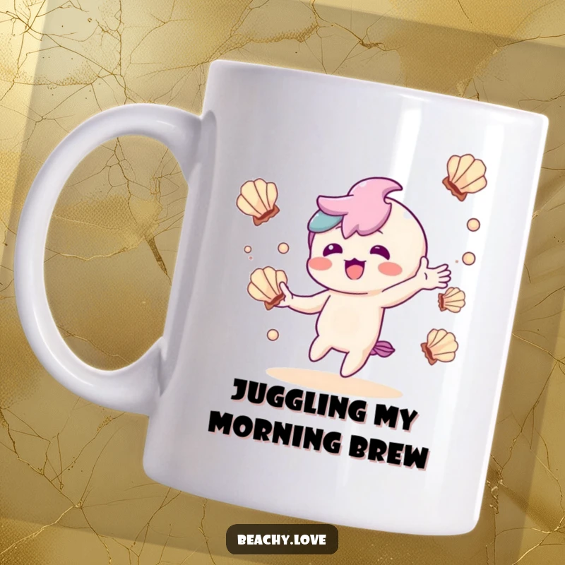 Funny mug depicting a cheerful kawaii character delightedly juggling several colorful seashells with impressive skill.