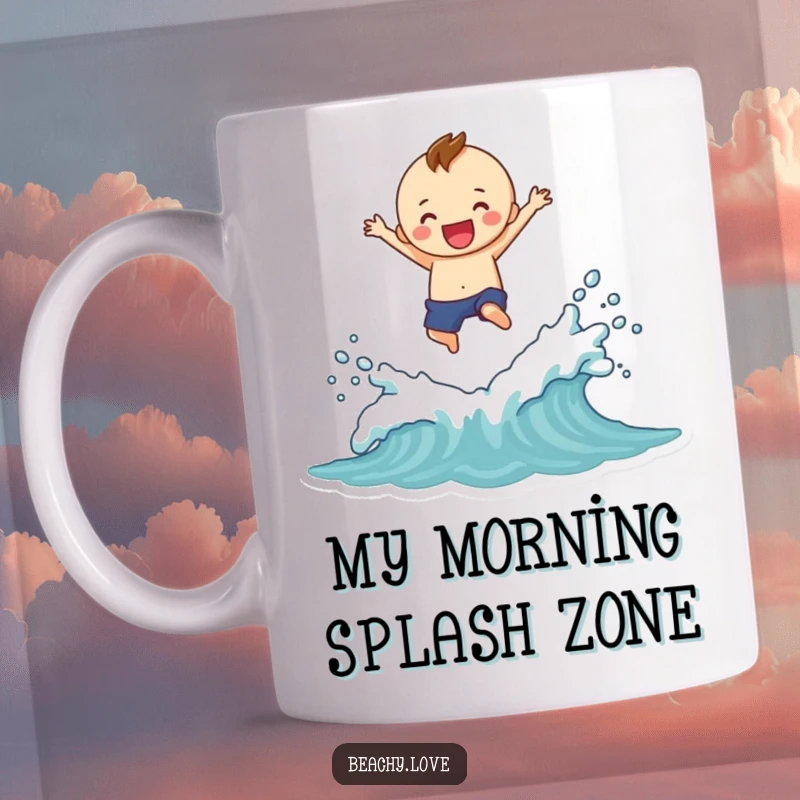Funny mug featuring a cheerful figure gleefully jumping over small waves, creating a massive, playful splash, embodying pure fun.