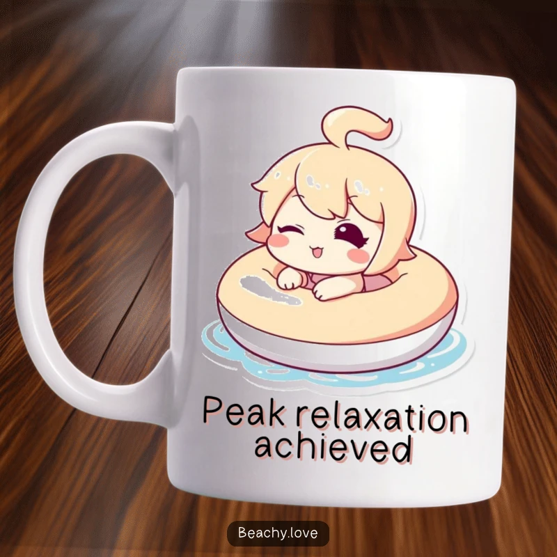 Funny mug featuring a cute kawaii character winking while blissfully floating on a colorful inflatable, sunny pool background.